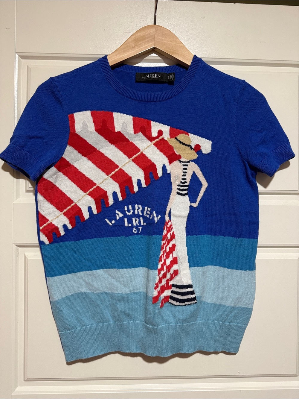 Ralph Lauren Blue Short-Sleeve Beach Graphic Crewneck Sweater woman umbrella S